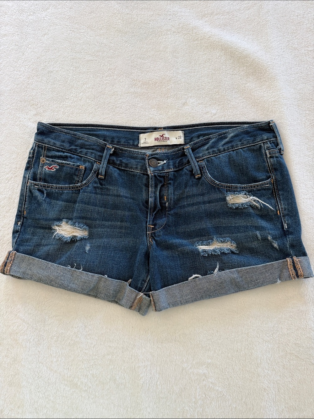 Hollister Dark Blue Distressed Denim Roll Cuff Shorts